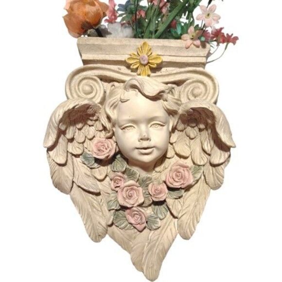 Vintage Baby Cherub Angel Head Wall Pocket Planter Floral Plaster Resin 7x9" - Picture 1 of 12
